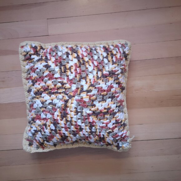Handmade Crochet 56"x 43" Afghan in Ripple Pattern Tan & Multi + 14"x14" Pillow - Picture 4 of 7